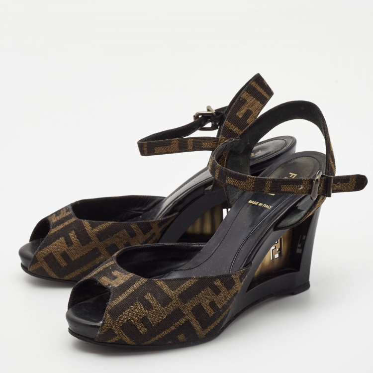 Pre Owned Fendi Brown Zucca Canvas Wedge Ankle Strap Sandals Size 37