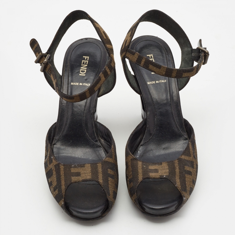 Pre Owned Fendi Brown Zucca Canvas Wedge Ankle Strap Sandals Size 37