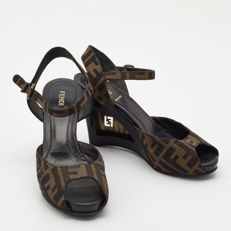 Pre Owned Fendi Brown Zucca Canvas Wedge Ankle Strap Sandals Size 37