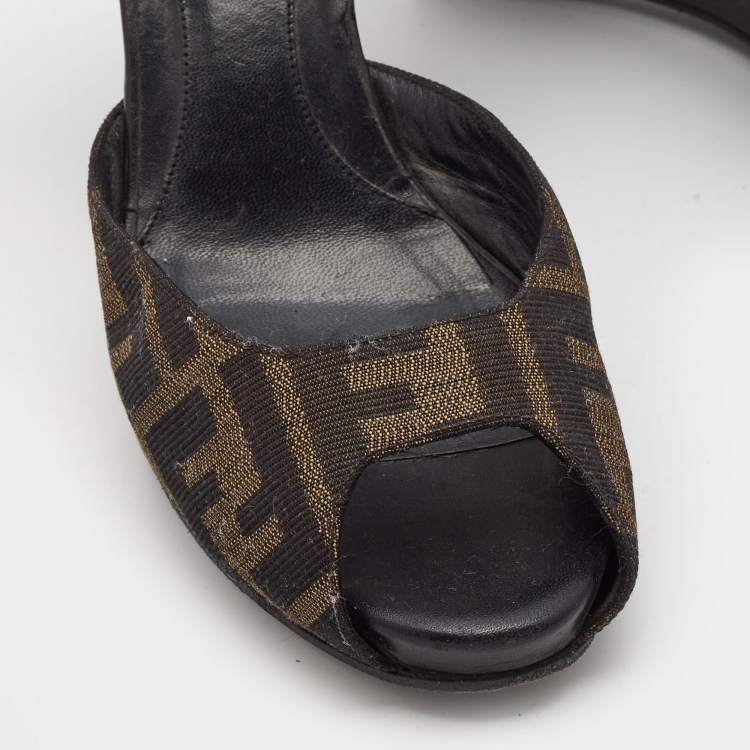 Pre Owned Fendi Brown Zucca Canvas Wedge Ankle Strap Sandals Size 37