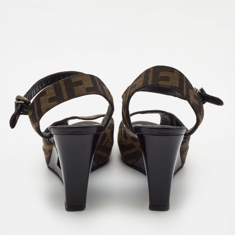 Pre Owned Fendi Brown Zucca Canvas Wedge Ankle Strap Sandals Size 37