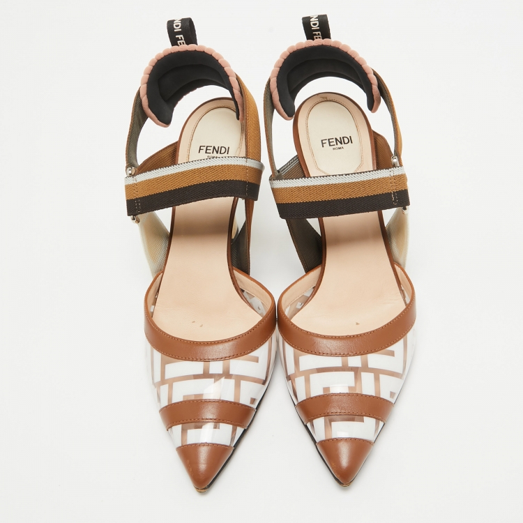 Pre Owned Fendi Brown/White Zucca PVC and Leather Colibri Slingback Pumps Size 38