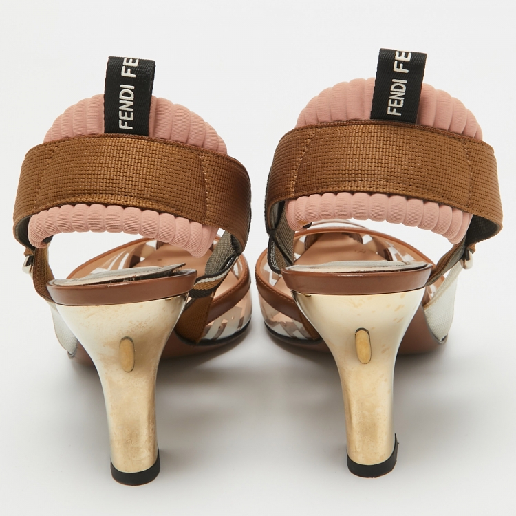 Pre Owned Fendi Brown/White Zucca PVC and Leather Colibri Slingback Pumps Size 38