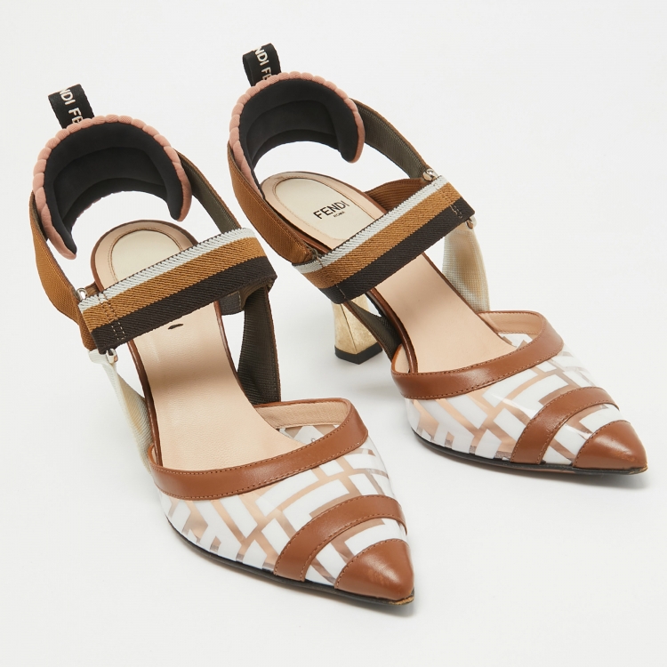 Pre Owned Fendi Brown/White Zucca PVC and Leather Colibri Slingback Pumps Size 38