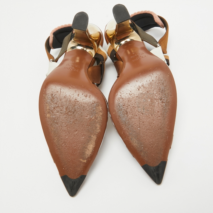Pre Owned Fendi Brown/White Zucca PVC and Leather Colibri Slingback Pumps Size 38