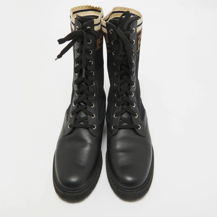 Pre Owned Fendi Black Leather and Zucca Stretch Fabric Rockoko Combat Boots Size 41