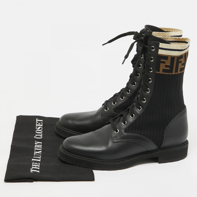 Pre Owned Fendi Black Leather and Zucca Stretch Fabric Rockoko Combat Boots Size 41
