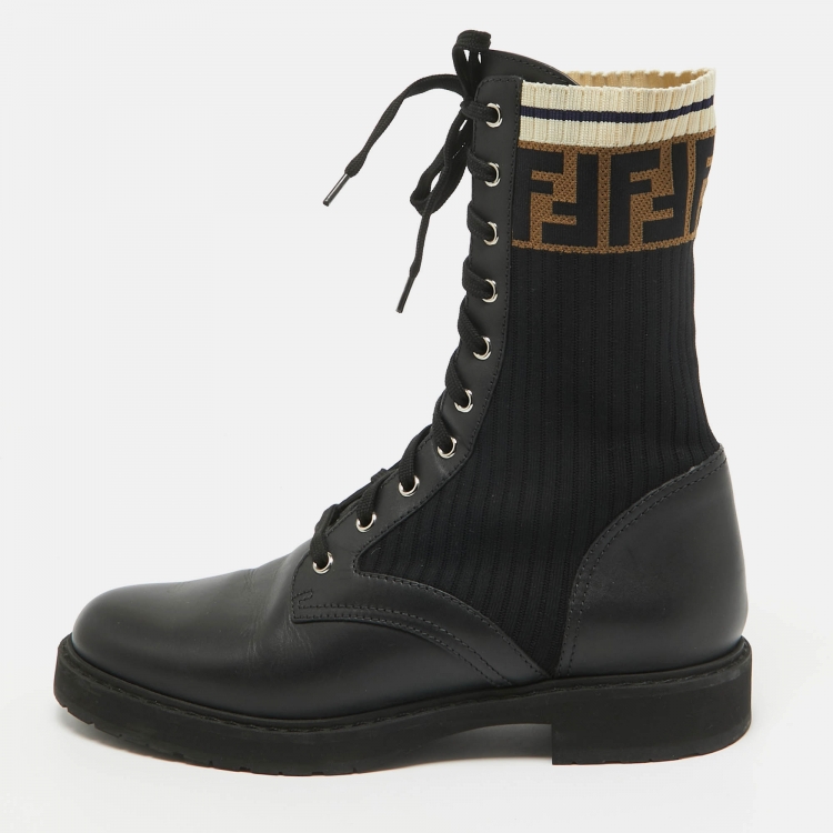 Pre Owned Fendi Black Leather and Zucca Stretch Fabric Rockoko Combat Boots Size 41