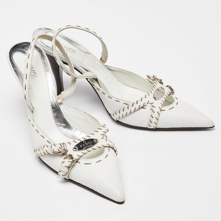 Pre Owned Fendi White Sellier Leather Slingback Pumps Size 37