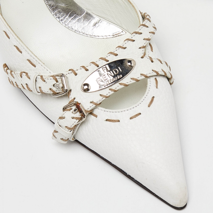Pre Owned Fendi White Sellier Leather Slingback Pumps Size 37