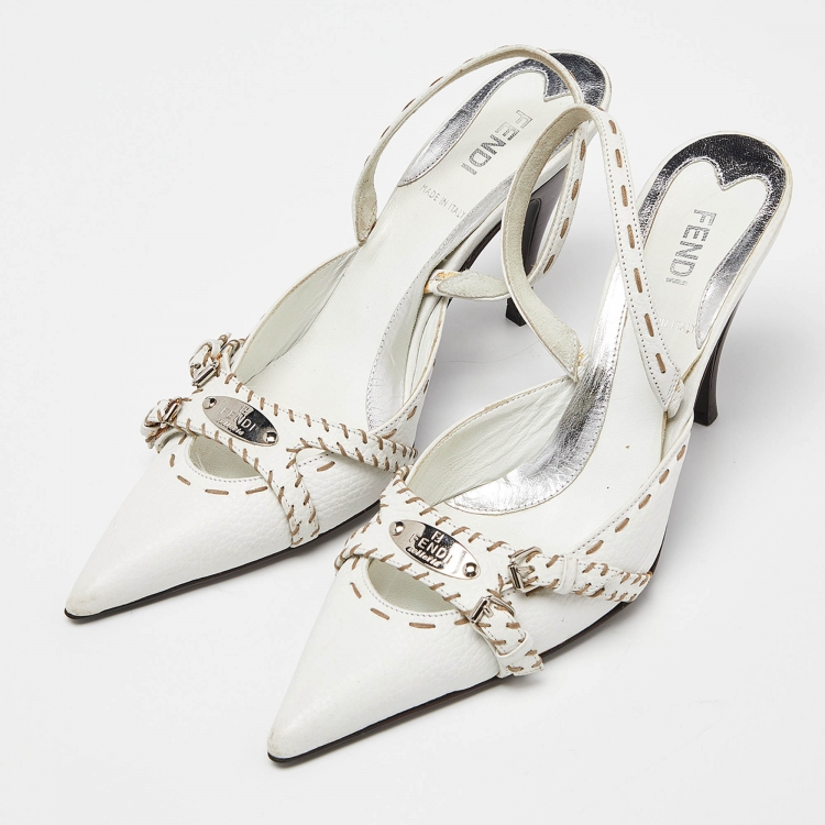 Pre Owned Fendi White Sellier Leather Slingback Pumps Size 37