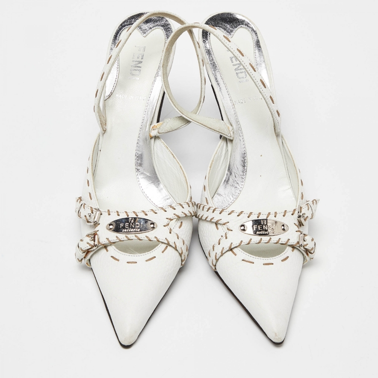 Pre Owned Fendi White Sellier Leather Slingback Pumps Size 37