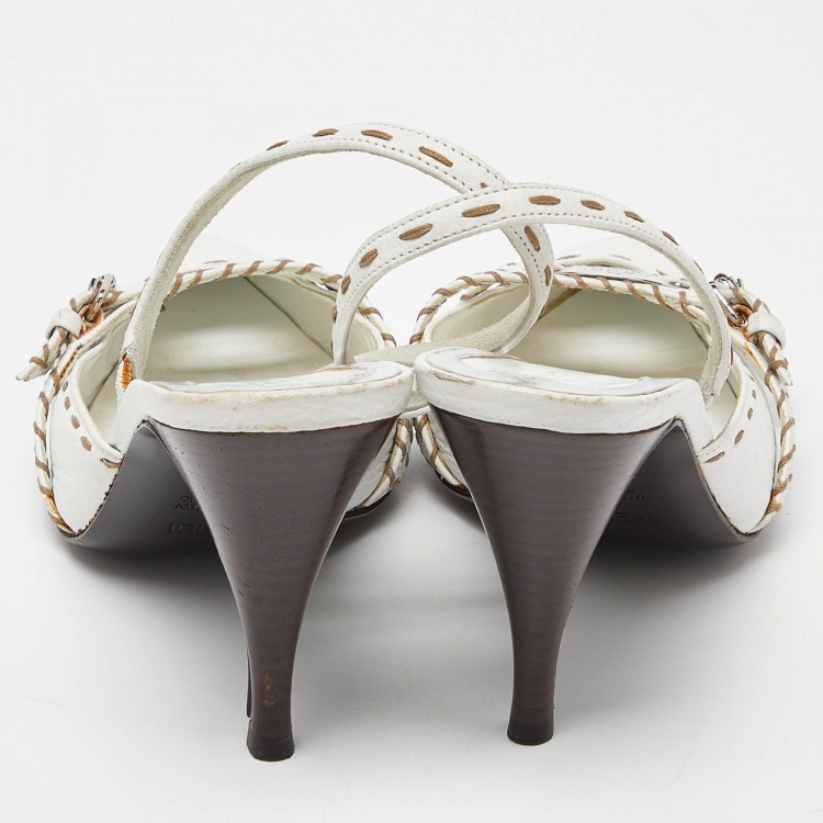 Pre Owned Fendi White Sellier Leather Slingback Pumps Size 37