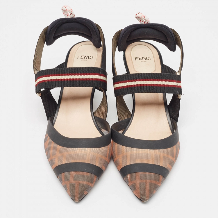 Pre Owned Fendi Brown/Black Zucca Mesh and Leather Colibri Pumps Size 39
