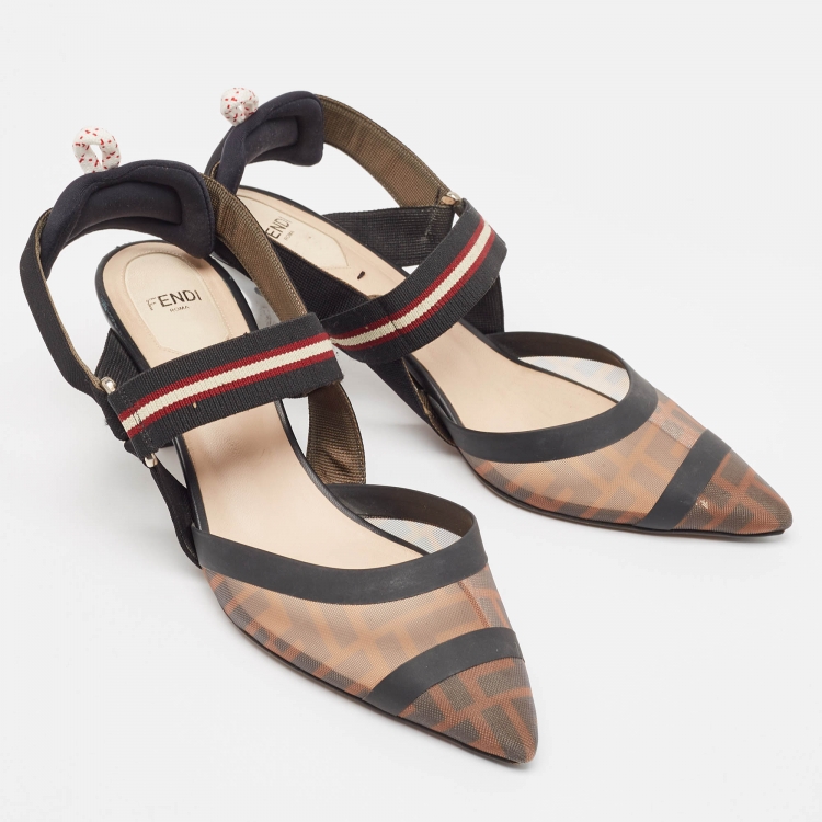 Pre Owned Fendi Brown/Black Zucca Mesh and Leather Colibri Pumps Size 39