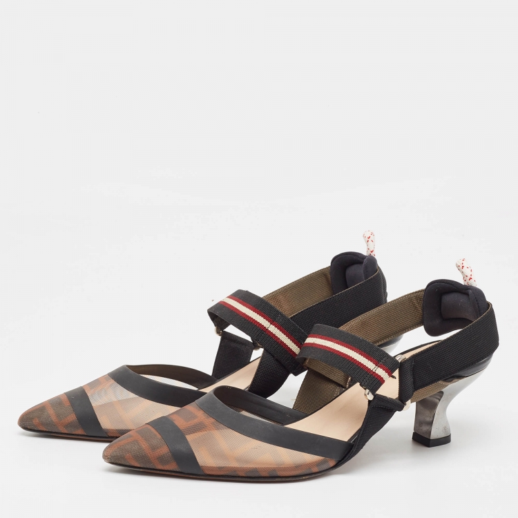 Pre Owned Fendi Brown/Black Zucca Mesh and Leather Colibri Pumps Size 39
