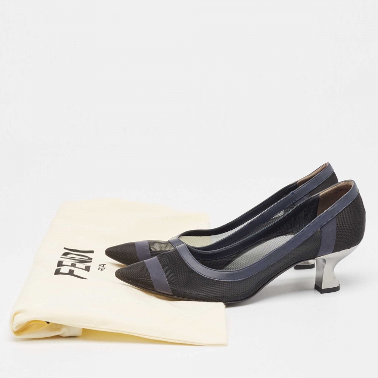 Pre Owned Fendi Black/Navy Blue Mesh and Leather Colibri Pumps Size 37.5