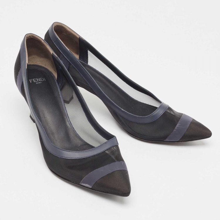 Pre Owned Fendi Black/Navy Blue Mesh and Leather Colibri Pumps Size 37.5