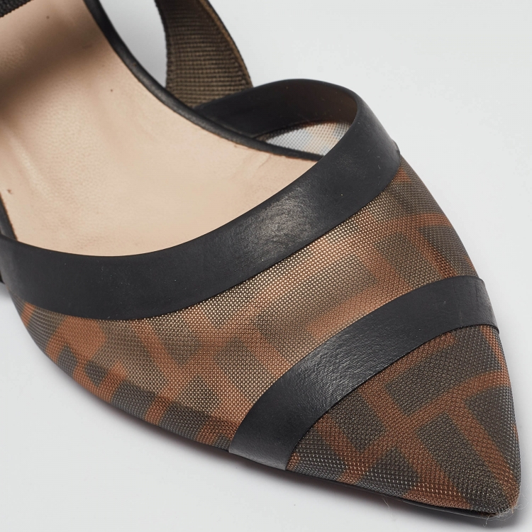 Pre Owned Fendi Brown/Black Zucca Mesh and Fabric Colibri Slingback Pumps Size 38