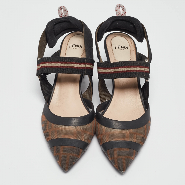 Pre Owned Fendi Brown/Black Zucca Mesh and Fabric Colibri Slingback Pumps Size 38