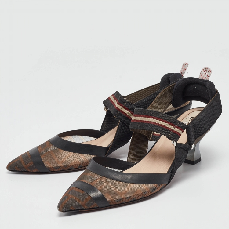 Pre Owned Fendi Brown/Black Zucca Mesh and Fabric Colibri Slingback Pumps Size 38