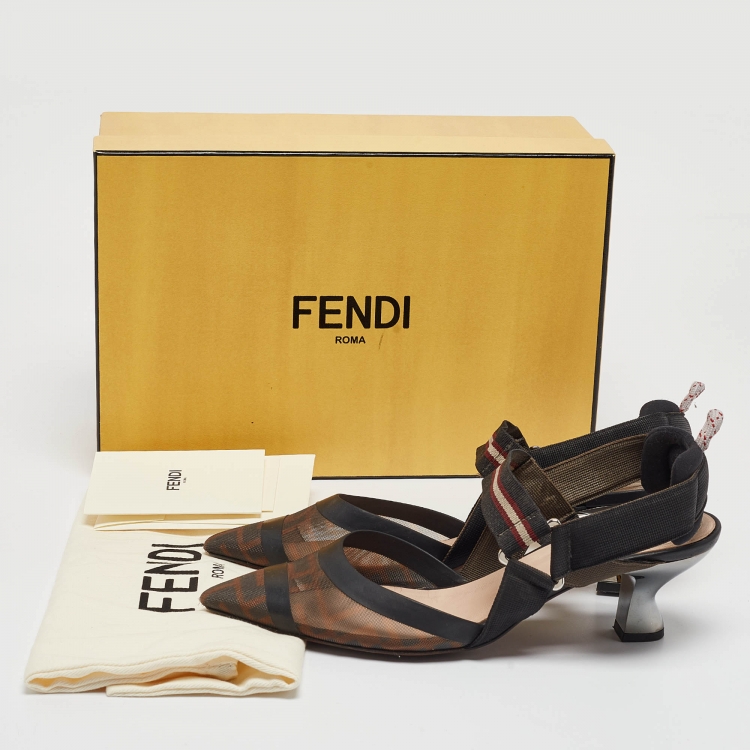 Pre Owned Fendi Brown/Black Zucca Mesh and Fabric Colibri Slingback Pumps Size 38