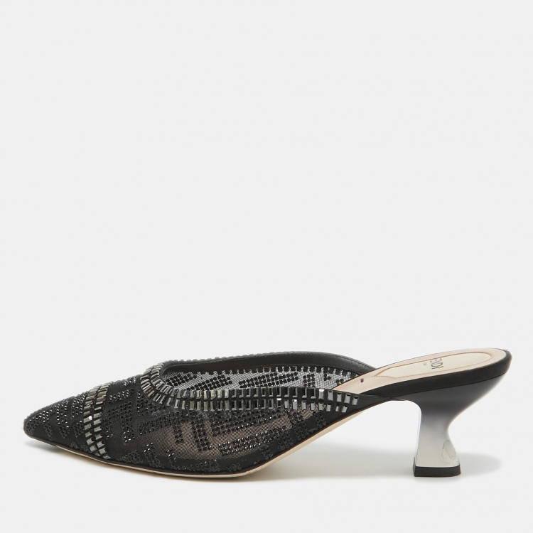Fendi Black Mess Crystal Embellished Pointed Toe Mules Size