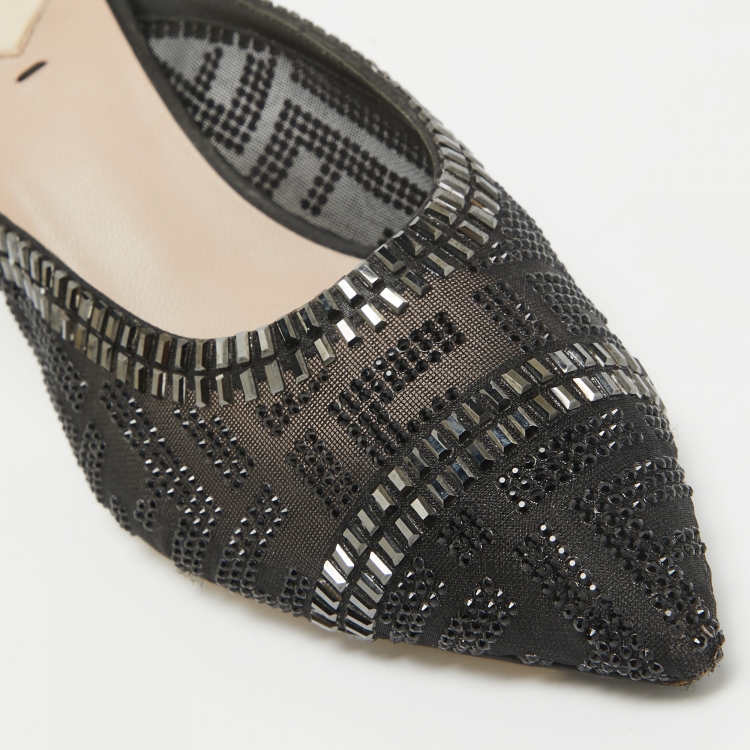 Pre Owned Fendi Black Mess Crystal Embellished Pointed Toe Mules Size 38