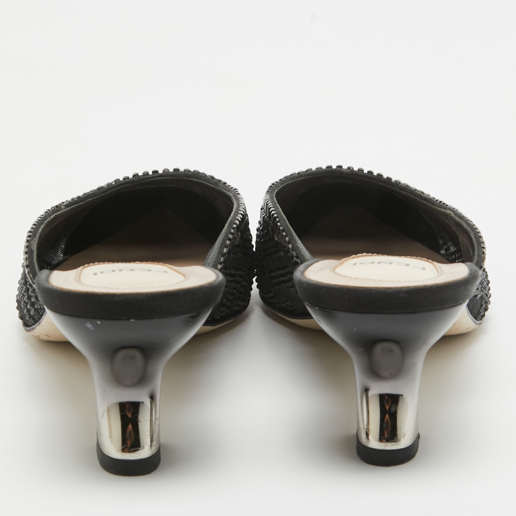 Pre Owned Fendi Black Mess Crystal Embellished Pointed Toe Mules Size 38
