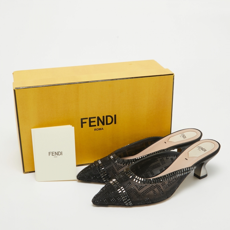 Pre Owned Fendi Black Mess Crystal Embellished Pointed Toe Mules Size 38