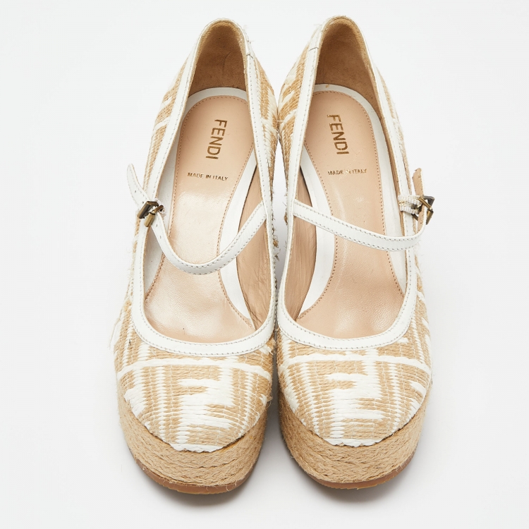 Pre Owned Fendi Beige Raffia and Leather Wedge Platform Pumps Size 37.5