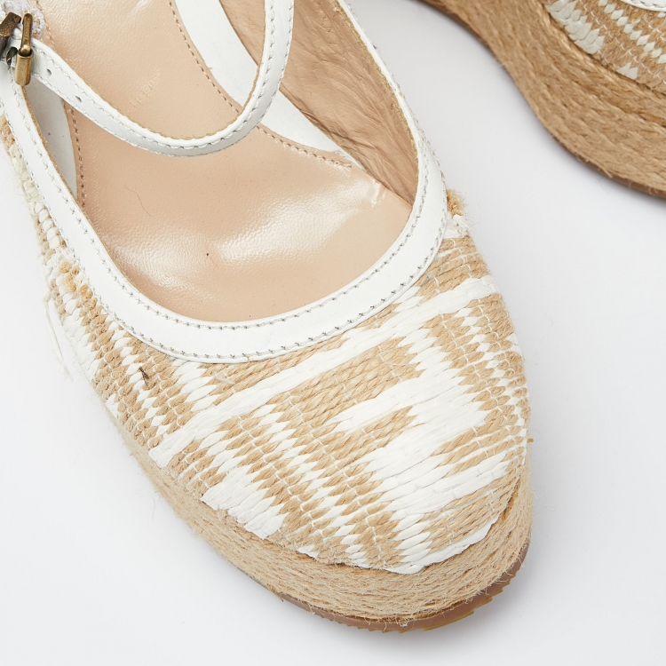 Pre Owned Fendi Beige Raffia and Leather Wedge Platform Pumps Size 37.5