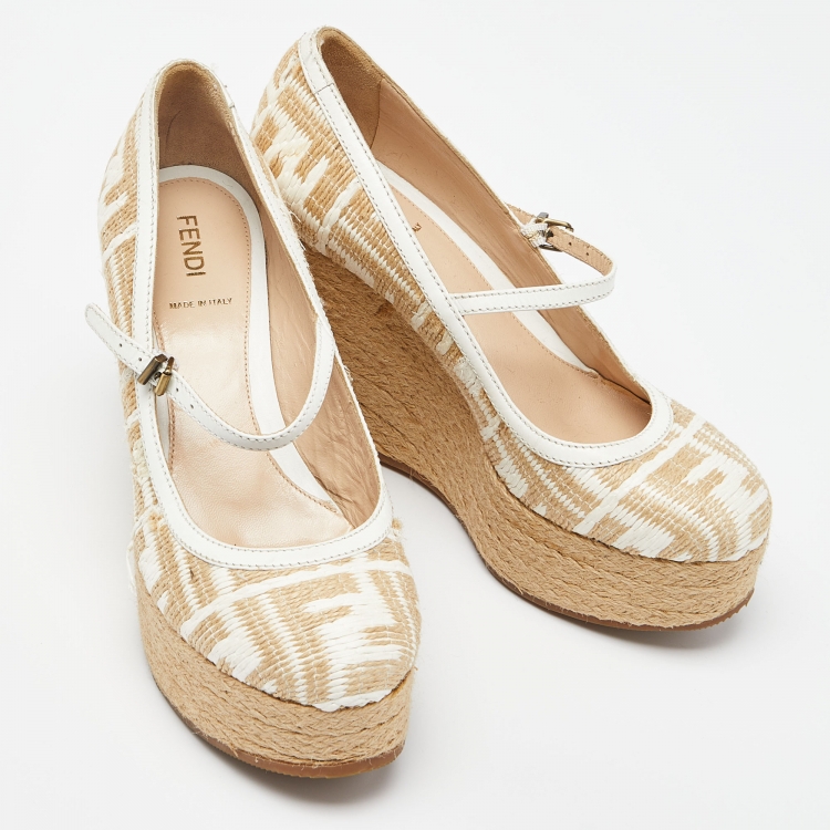 Pre Owned Fendi Beige Raffia and Leather Wedge Platform Pumps Size 37.5