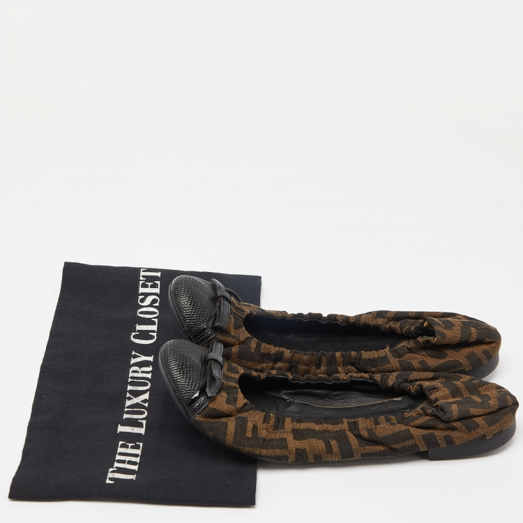 Pre Owned Fendi Tobacco Zucca Canvas and Lizard Embossed Leather Cap Toe Scrunch Ballet Flats Size 39