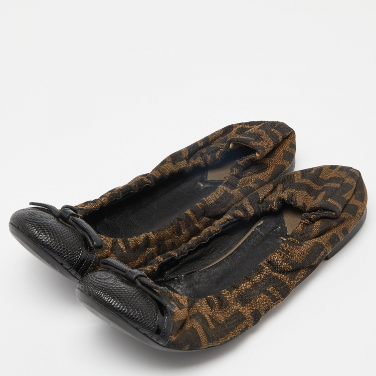Pre Owned Fendi Tobacco Zucca Canvas and Lizard Embossed Leather Cap Toe Scrunch Ballet Flats Size 39