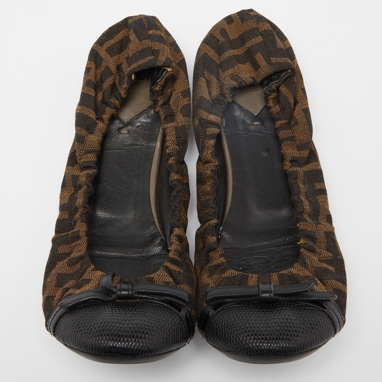 Pre Owned Fendi Tobacco Zucca Canvas and Lizard Embossed Leather Cap Toe Scrunch Ballet Flats Size 39
