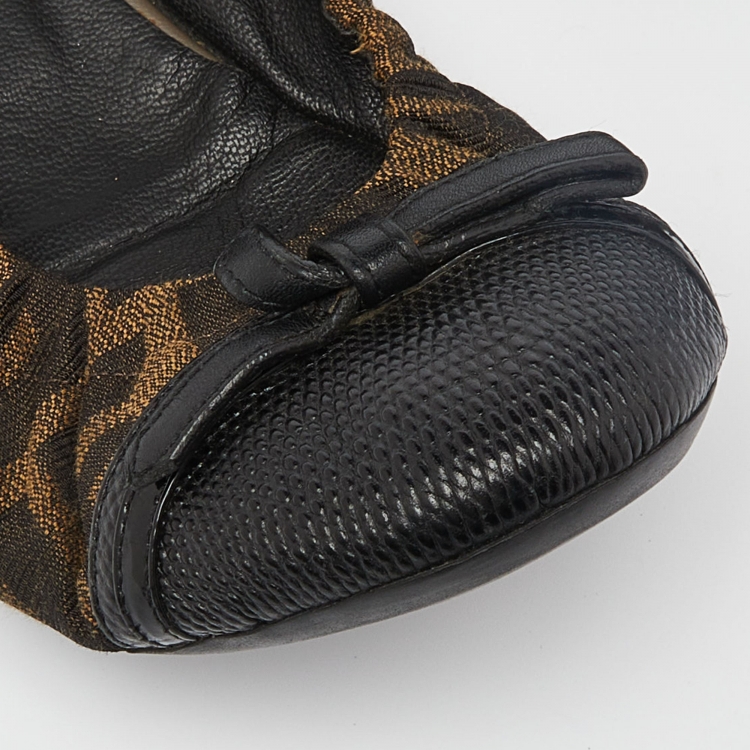 Pre Owned Fendi Tobacco Zucca Canvas and Lizard Embossed Leather Cap Toe Scrunch Ballet Flats Size 39