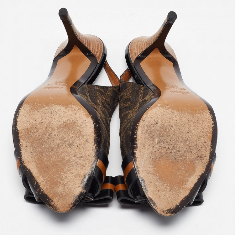 Pre Owned Fendi Brown/Black Zucca Canvas and Leather Bow Slingback Pumps Size 39.5