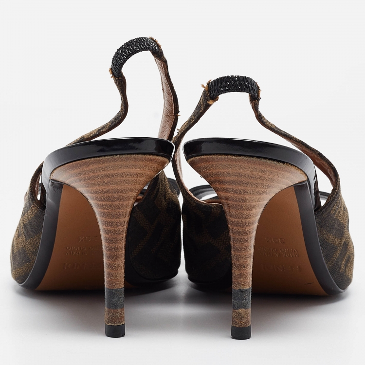 Pre Owned Fendi Brown/Black Zucca Canvas and Leather Bow Slingback Pumps Size 39.5