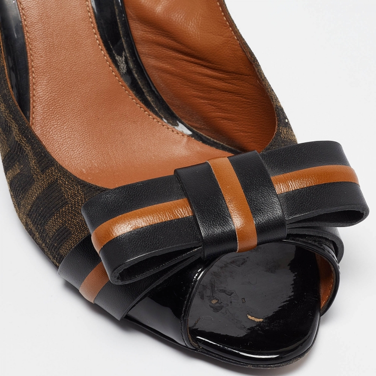 Pre Owned Fendi Brown/Black Zucca Canvas and Leather Bow Slingback Pumps Size 39.5
