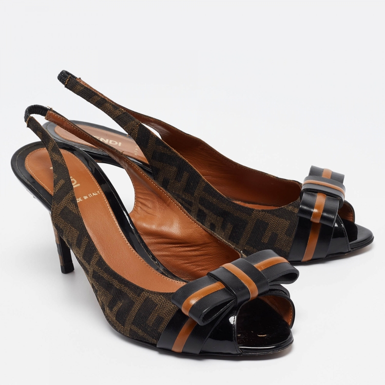 Pre Owned Fendi Brown/Black Zucca Canvas and Leather Bow Slingback Pumps Size 39.5