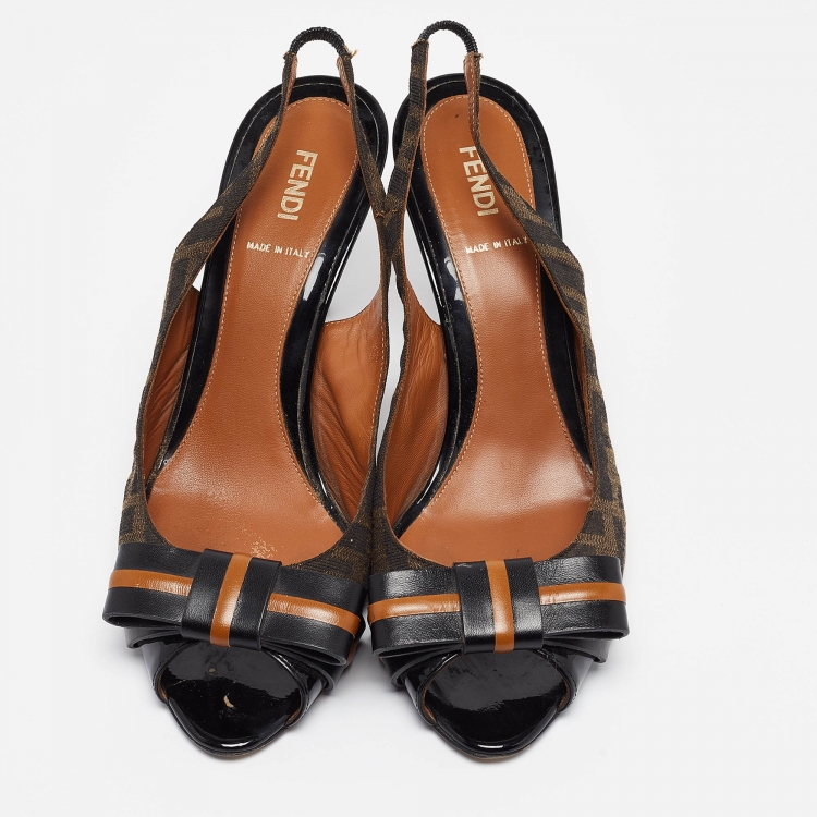 Pre Owned Fendi Brown/Black Zucca Canvas and Leather Bow Slingback Pumps Size 39.5