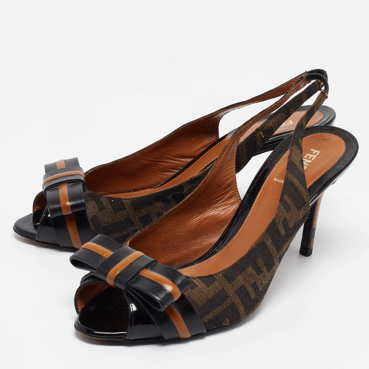 Pre Owned Fendi Brown/Black Zucca Canvas and Leather Bow Slingback Pumps Size 39.5