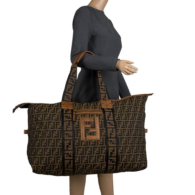 Pre Owned Fendi Brown Zucca Canvas Carryall Weekender Traveling Bag