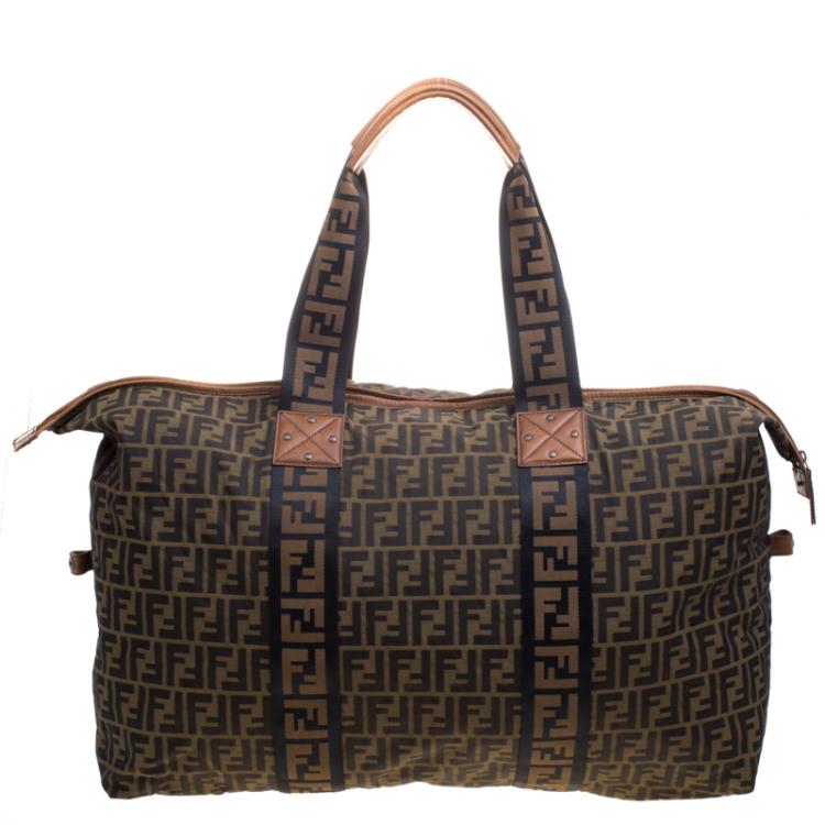 Pre Owned Fendi Brown Zucca Canvas Carryall Weekender Traveling Bag