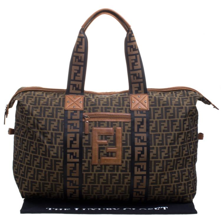 Pre Owned Fendi Brown Zucca Canvas Carryall Weekender Traveling Bag