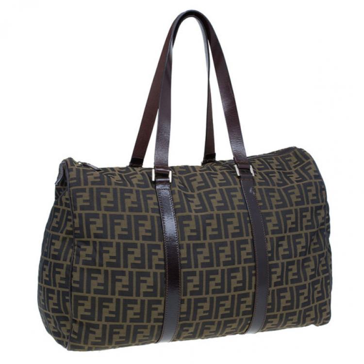 Pre Owned Fendi Tobacco Zucca Leather and Canvas Duffel Bag