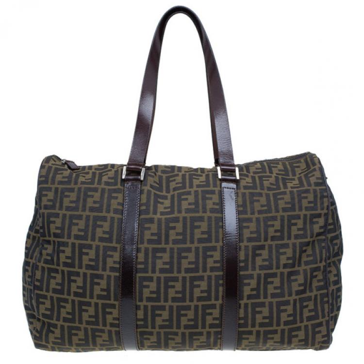Pre Owned Fendi Tobacco Zucca Leather and Canvas Duffel Bag