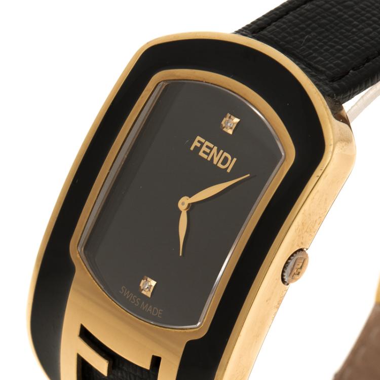 Pre Owned Fendi Black Gold Plated Steel Diamond Chameleon Women's Wristwatch 29 mm