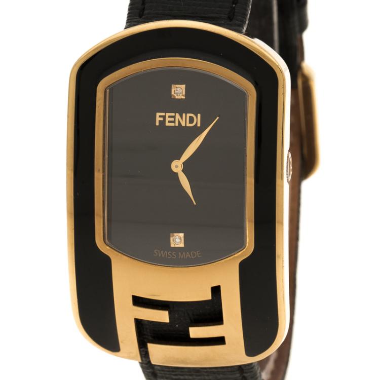 Pre Owned Fendi Black Gold Plated Steel Diamond Chameleon Women's Wristwatch 29 mm